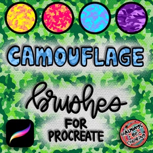 Puede incluir: Pinceles de camuflaje para la aplicación Procreate. Cuatro patrones de camuflaje diferentes en amarillo, rosa, azul y morado. El texto "CAMOUFLAGE" está en azul con un contorno blanco. El texto "brushes" está en cursiva negra. El texto "FOR PROCREATE" está en negro. Un icono de la aplicación Procreate se encuentra en la esquina inferior izquierda. Una pegatina redonda con el texto "@ALWAYS BE COLORING" se encuentra en la esquina inferior derecha.