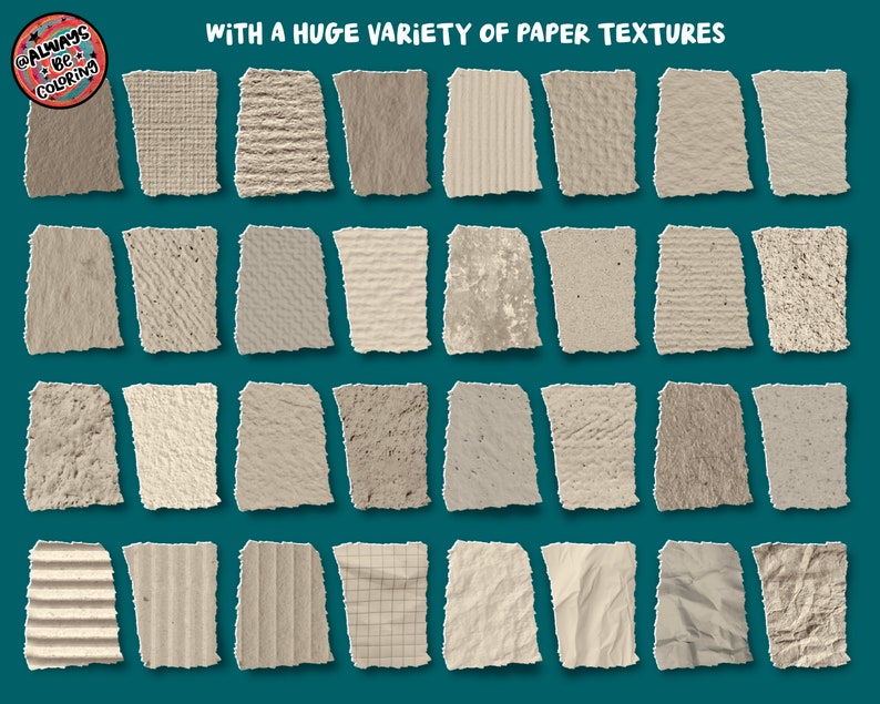 Puede incluir: Una colecci&oacute;n de 25 texturas de papel diferentes, cada una con un patr&oacute;n y una sensaci&oacute;n &uacute;nicos. Las texturas incluyen papel liso, rugoso, texturizado y estampado. El papel es de color beige claro y est&aacute; dispuesto en una cuadr&iacute;cula. El papel est&aacute; rasgado en los bordes, lo que le da un aspecto r&uacute;stico.