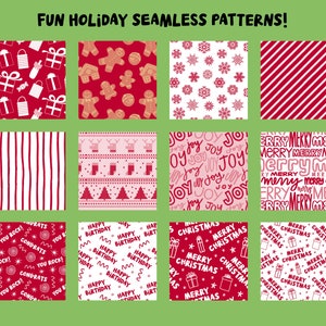 Puede incluir: Un conjunto de 10 patrones digitales sin costuras con temas navide&ntilde;os y de cumplea&ntilde;os. Los patrones son de color rojo, blanco y rosa e incluyen varios dise&ntilde;os como copos de nieve, rayas, hombres de jengibre y cajas de regalo.