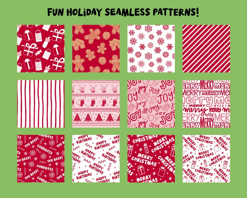 Puede incluir: Un conjunto de 10 patrones digitales sin costuras con temas navide&ntilde;os y de cumplea&ntilde;os. Los patrones son de color rojo, blanco y rosa e incluyen varios dise&ntilde;os como copos de nieve, rayas, hombres de jengibre y cajas de regalo.