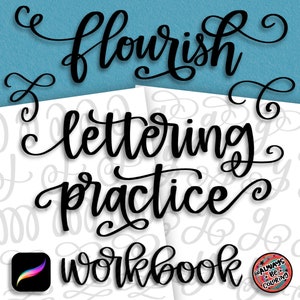 Może przedstawiać: Czarno-biały zeszyt ćwiczeń z tekstem "flourish lettering practice workbook" i ikoną aplikacji Procreate. Tło jest jasnoniebieskie.
