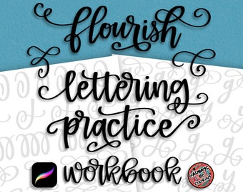 May include: Black and white workbook with the text "flourish lettering practice workbook" and a Procreate app icon. The background is a light blue colour.