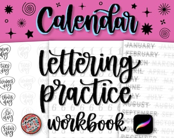 20 Calendar Planner Lettering Practice Worksheets, 25 Procreate Brushes, Learn Handwriting, Calligraphy Workbook for Procreate or Print