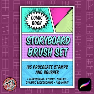 Könnte beinhalten: Eine Comic-Illustration eines Pinsel-Sets für Procreate. Das Bild zeigt ein rosa, grünes und blaues Comic-Panel mit dem Text "STORYBOARD BRUSH SET" und "185 PROCREATE STAMPS AND BRUSHES". Der Text enthält auch "STORYBOARD LAYOUTS, SHAPES, DYNAMIC BACKGROUNDS AND MORE!"