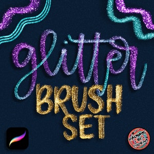 May include: Glitter brush set for Procreate app. The set includes a variety of glitter brushes in different colors, including gold, purple, and blue. The brushes are designed to create a sparkly, glittery effect on digital artwork. The image also includes the text "glitter brush set" and the logo for the app Procreate.