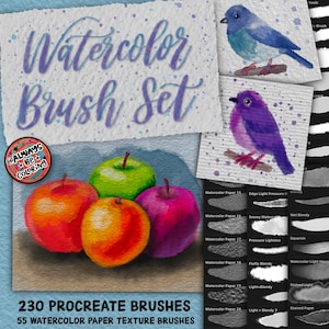 May include: A set of 230 Procreate brushes and 55 watercolor paper texture brushes. The image shows a preview of the brushes, including a blue bird, a purple bird, and a still life of apples. The text "Watercolor Brush Set" is written in a stylized font.