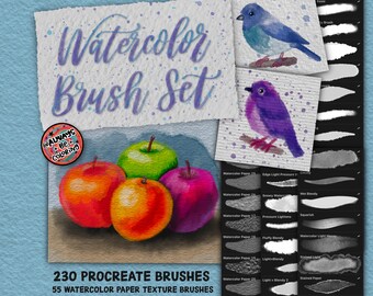 285 Procreate Watercolor Paint Brushes, Lettering Brushes, Blending Brushes, Stamps, Watercolor Paper Texture Brushes, 5 Color Palettes
