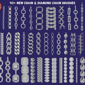 May include: A set of 40+ digital brushes featuring chain and diamond chain designs. The brushes are in black and white and are perfect for creating jewelry, fashion, and other designs.