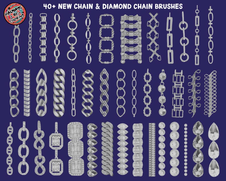 May include: A set of 40+ digital brushes featuring chain and diamond chain designs. The brushes are in black and white and are perfect for creating jewelry, fashion, and other designs.