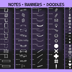 May include: A black and white illustration of various stationery items, including notebooks, banners, and doodles. The items are arranged in columns on a purple background. The text "NOTES &bull; BANNERS &bull; DOODLES" is at the top of the image.