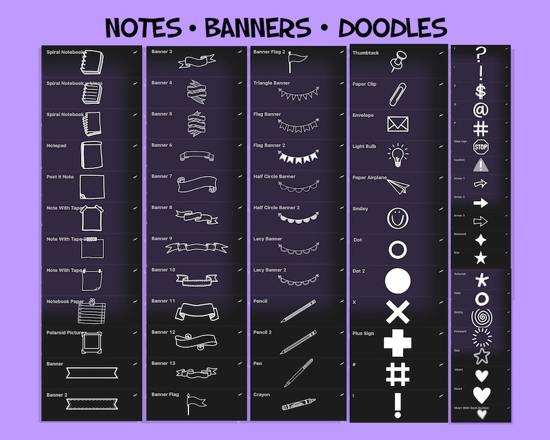 May include: A black and white illustration of various stationery items, including notebooks, banners, and doodles. The items are arranged in columns on a purple background. The text "NOTES &bull; BANNERS &bull; DOODLES" is at the top of the image.