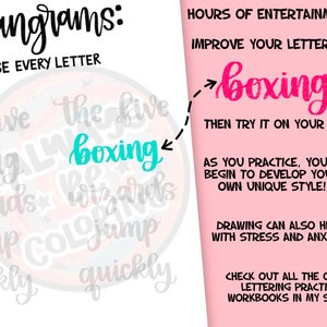 May include: A pink and white printable worksheet with the text "pangrams: USE EVERY LETTER" and "HOURS OF ENTERTAINMENT! IMPROVE YOUR LETTERING" and "THEN TRY IT ON YOUR OWN!" and "AS YOU PRACTICE, YOU'LL BEGIN TO DEVELOP YOUR OWN UNIQUE STYLE!" and "DRAWING CAN ALSO HELP WITH STRESS AND ANXIETY" and "CHECK OUT ALL THE OTHER LETTERING PRACTICE WORKBOOKS IN MY SHOP!" The worksheet features the word "boxing" written in cursive in both blue and pink.