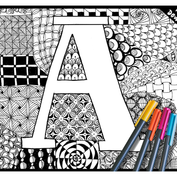 Pages de livre de coloriage ABC imprimables pour adultes ou enfants! Lettre A, image originale complexe, motifs zentangle. Téléchargement numérique instantané