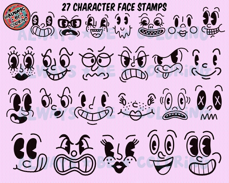 ¡Conjunto de creación de personajes de mascota retro para Procreate! ¡280 sellos para Procreate, 45 pinceles de semitonos, texturas y patrones sin costuras! Caras, cuerpos, brazos, piernas imagen 4