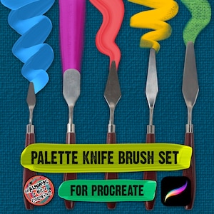 Puede incluir: Imagen artística con cinco espátulas con mangos de madera, cada una dejando un rastro de pintura de diferente color: azul, rosa, rojo, amarillo y verde. El texto dice "Palette Knife Brush Set For Procreate."