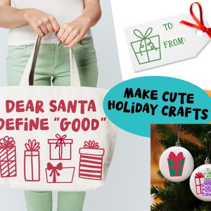 Puede incluir: Una bolsa de tela blanca con el texto "Querido Santa Define "Bueno"" e ilustraciones rojas de regalos envueltos. La bolsa la est&aacute; sujetando una persona. La imagen tambi&eacute;n incluye una etiqueta de regalo con el texto "Para: De:" y una ilustraci&oacute;n verde de un regalo envuelto. El texto "Haz manualidades navide&ntilde;as bonitas" tambi&eacute;n est&aacute; incluido en la imagen.