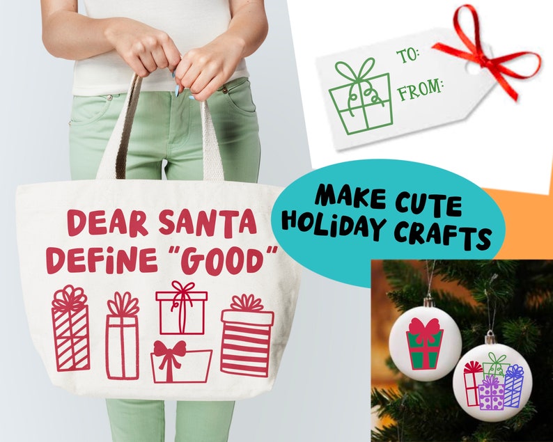 Puede incluir: Una bolsa de tela blanca con el texto "Querido Santa Define "Bueno"" e ilustraciones rojas de regalos envueltos. La bolsa la est&aacute; sujetando una persona. La imagen tambi&eacute;n incluye una etiqueta de regalo con el texto "Para: De:" y una ilustraci&oacute;n verde de un regalo envuelto. El texto "Haz manualidades navide&ntilde;as bonitas" tambi&eacute;n est&aacute; incluido en la imagen.