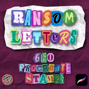 May include: A digital graphic featuring the text RANSOM LETTERS and 660 PROCREATE STAMPS. The letters are presented as individual, colorful, cut-out paper shapes with varied fonts and textures, arranged on a white, crumpled paper background.