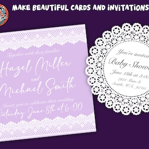 May include: A purple wedding invitation with white lace trim. The invitation reads "Together with their families, Hazel Miller and Michael Smith, Invite you to celebrate their wedding, Saturday June 8th at 6:00".