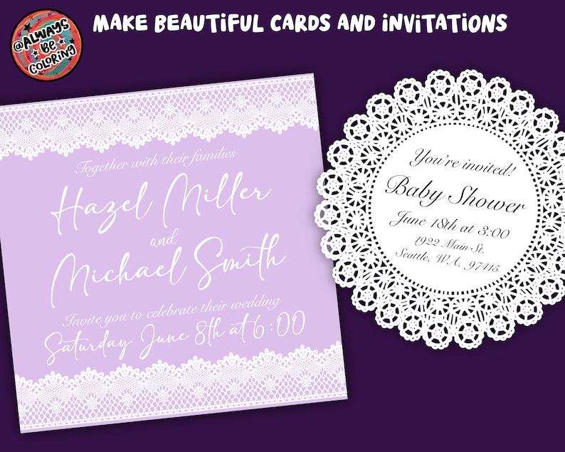 May include: A purple wedding invitation with white lace trim. The invitation reads "Together with their families, Hazel Miller and Michael Smith, Invite you to celebrate their wedding, Saturday June 8th at 6:00".
