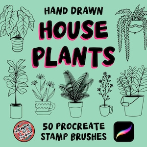 May include: A digital art graphic featuring hand-drawn house plants in black and white, with the text "HAND DRAWN HOUSE PLANTS" in black with a pink outline. The image also includes the text "50 PROCREATE STAMP BRUSHES".