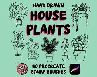 50 Hand Drawn Procreate House Plants Stamp Brushes, Flowers, Leaves, Succulents, Botanical, Digital Illustration