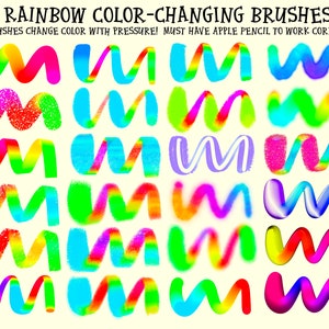 May include: A set of 20 rainbow color-changing brushes for use with an Apple Pencil. The brushes are arranged in rows of four, with each brush showing a different color combination. The text "RAINBOW COLOR-CHANGING BRUSHES" and "ALL BRUSHES CHANGE COLOR WITH PRESSURE! MUST HAVE APPLE PENCIL TO WORK CORRECTLY!" is at the top of the image.