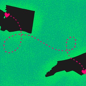 May include: A graphic illustration of the states of Washington and North Carolina with pink hearts in each state and a dashed line connecting the two states.