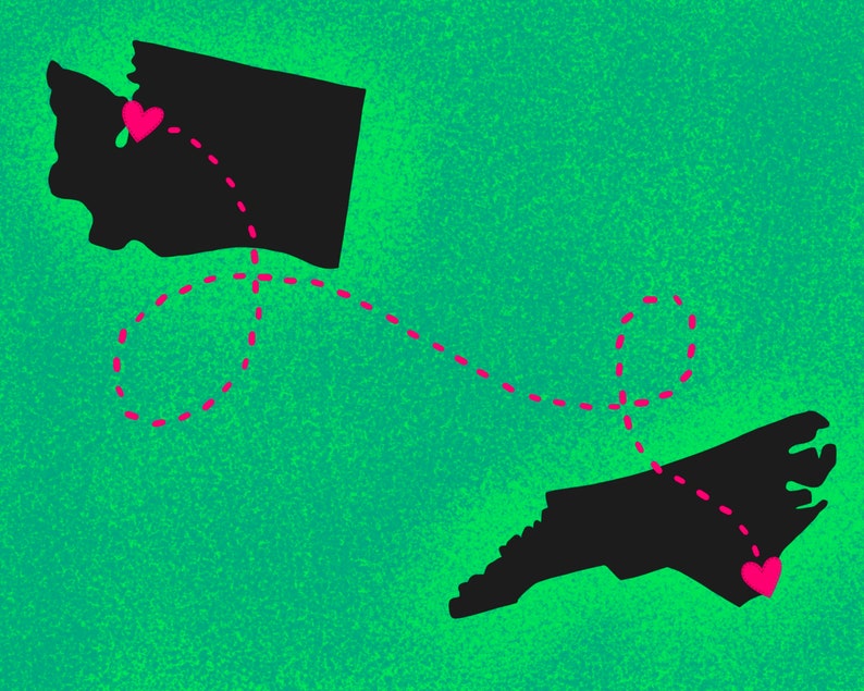 May include: A graphic illustration of the states of Washington and North Carolina with pink hearts in each state and a dashed line connecting the two states.
