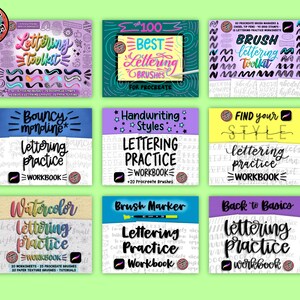 May include: Nine colorful digital lettering workbooks and toolkits are displayed on a light green background. The workbooks feature titles like "Lettering Toolkit," "Best Lettering Brushes," and "Lettering Practice Workbook," with various lettering styles.
