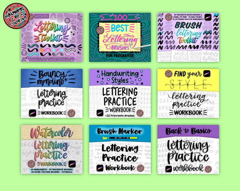 May include: Nine colorful digital lettering workbooks and toolkits are displayed on a light green background. The workbooks feature titles like "Lettering Toolkit," "Best Lettering Brushes," and "Lettering Practice Workbook," with various lettering styles.