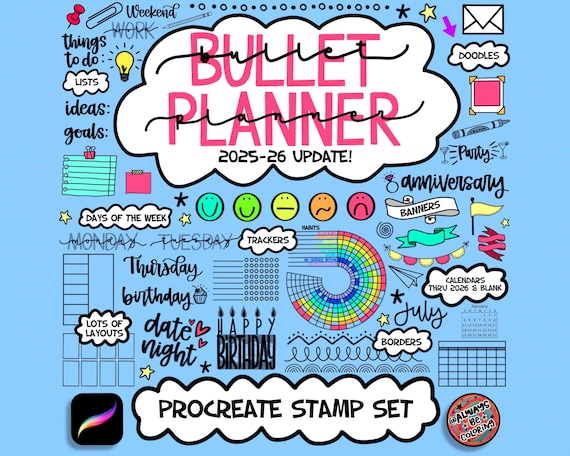 Over 225 Procreate Stamp Brushes with Bullet Planner & Calendar Stamps! Trackers, borders,Make DIY Planner Pages Stickers-print at home!