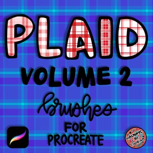 Puede incluir: Una ilustración digital de un fondo de cuadros azules y verdes con el texto "PLAID VOLUME 2 BRUSHES FOR PROCREATE" en blanco y negro. La palabra "PLAID" está compuesta por cuadros rojos y blancos. La imagen también incluye un icono de la aplicación Procreate y un pequeño círculo con el texto "@ALWAYS_BE_COLORING".