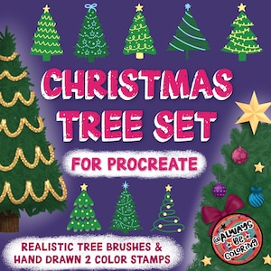 Peut inclure: Un ensemble de pinceaux et de tampons d'arbres de Noël numériques pour Procreate. L'ensemble comprend une variété de styles d'arbres, notamment un arbre vert traditionnel avec une guirlande dorée, un arbre bleu et blanc et un arbre vert simple. L'ensemble comprend également des tampons bicolores d'un arbre avec des ornements et une étoile.