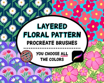 90 Procreate Layered Floral Seamless Pattern Brushes: Hand Drawn Flowers, Leaves, Botanical Designs, 4 Color Palettes, User Guide Tutorials