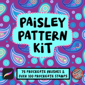 May include: A digital illustration of a paisley pattern with a blue, purple, and pink color scheme. The text "Paisley Pattern Kit" is in a white box with a blue background. The text "75 Procreate Brushes & Over 100 Procreate Stamps" is below the box. The text "@Always Be Coloring" is in a circle with a pink background.