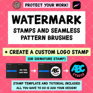May include: Digital set of watermark stamps and seamless pattern brushes for Procreate. Includes text: PROTECT YOUR WORK!, WATERMARK STAMPS AND SEAMLESS PATTERN BRUSHES, CREATE A CUSTOM LOGO STAMP (OR SIGNATURE STAMP), and STAMP TEMPLATE AND TUTORIAL INCLUDED.