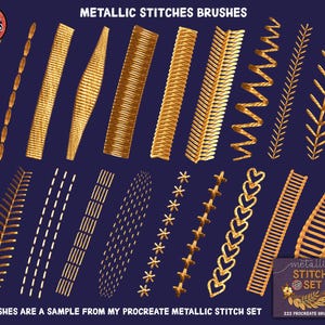 May include: A set of 222 gold metallic stitch brushes for Procreate. The brushes are designed to look like different types of stitches, including straight stitches, zig-zag stitches, and cross stitches.