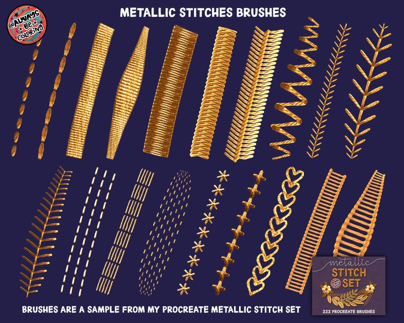 May include: A set of 222 gold metallic stitch brushes for Procreate. The brushes are designed to look like different types of stitches, including straight stitches, zig-zag stitches, and cross stitches.