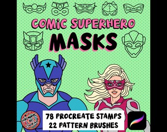 Procreate Comic Superhero Mask Stempels en naadloze patroonpenselen, halftonen