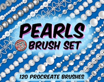 May include: A set of 120 Procreate brushes featuring pearl designs. The brushes are arranged in rows on a blue background, with each row showcasing a different pearl pattern. The text "Pearls Brush Set" is displayed in large, bold letters, and the text "120 Procreate Brushes" is displayed in smaller letters below.