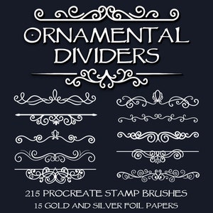 Puede incluir: Un conjunto de 215 pinceles de sello Procreate y 15 papeles de lámina dorada y plateada con divisores ornamentales. Los divisores son blancos y tienen un diseño decorativo y ornamentado.