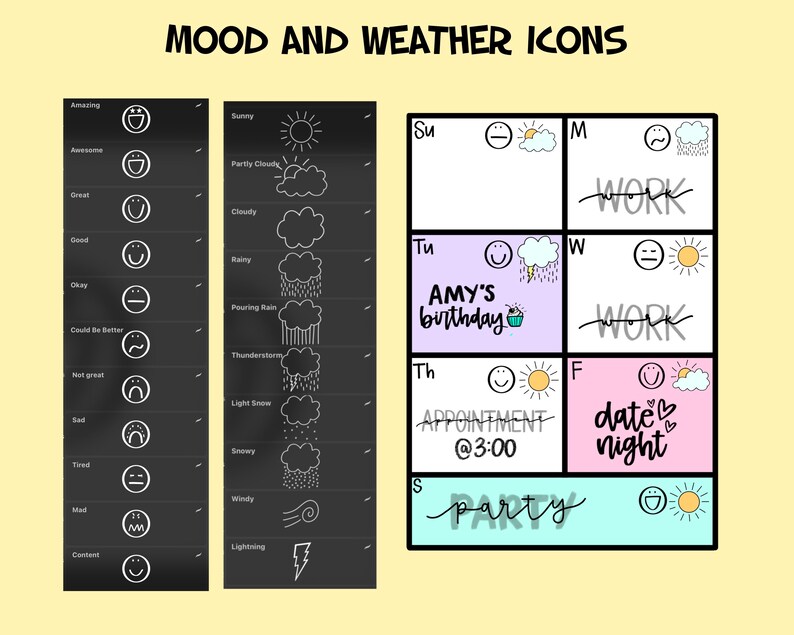 May include: A black and white weekly planner with a grid layout. Each day of the week is labeled with a letter and a corresponding mood icon and weather icon. The planner includes text such as "AMY'S birthday", "WORK", "APPOINTMENT @3:00", "date night", and "party".