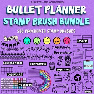 Procreate Calendar Planner Journal Stamp Brush Bundle! Maak 530 postzegels na met lay-outs, trackers, schattige pictogrammen, kalenders en decorateurs!