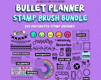 Procreate Calendar Planner Journal Stamp Brush Bundle! 530 tampons procréés avec des mises en page, des trackers, des icônes mignonnes, des calendriers et des décorateurs !