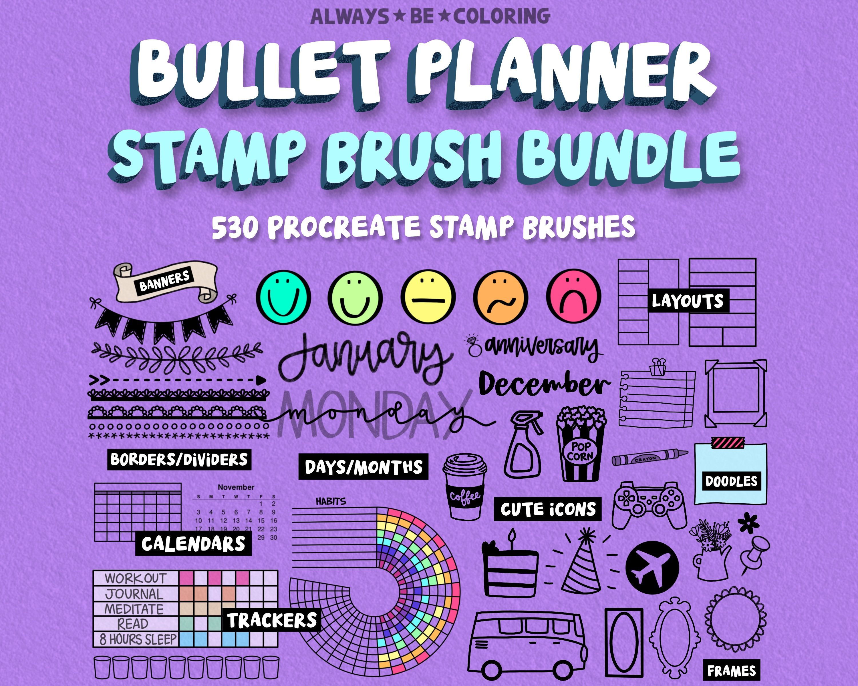 Procreate Calendar Planner Journal Stamp Brush Bundle! 530 Procreate Stamps with Layouts, Trackers, Cute Icons, Calendars, and Decorators!