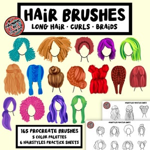 May include: 165 Procreate brushes for creating hairstyles, including long hair, curls, and braids. Five color palettes and six practice sheets are included.