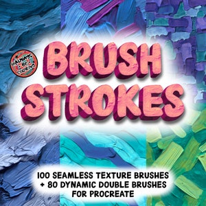 May include: A set of 180 digital paint brushes for Procreate, featuring 100 seamless texture brushes and 80 dynamic double brushes. The brushes are designed to create realistic brush strokes and textures.