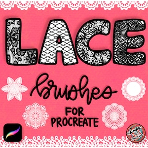 Puede incluir: Pinceles de encaje para la aplicación Procreate. La imagen muestra un conjunto de cinco pinceles de encaje blancos, incluyendo una flor, un círculo y tres diseños de encaje diferentes. Los pinceles están sobre un fondo rosa con la palabra "Encaje" en letras de encaje negras y las palabras "Pinceles para Procreate" en escritura negra.