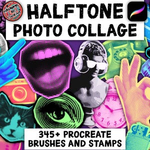 Könnte beinhalten: Digitales Kunst-Grafik mit den Worten "Halftone Photo Collage" und "345+ Procreate Brushes and Stamps". Das Bild zeigt Pop-Art-Illustrationen, darunter eine Katze, ein Auge, eine Handgeste und eine Büste.